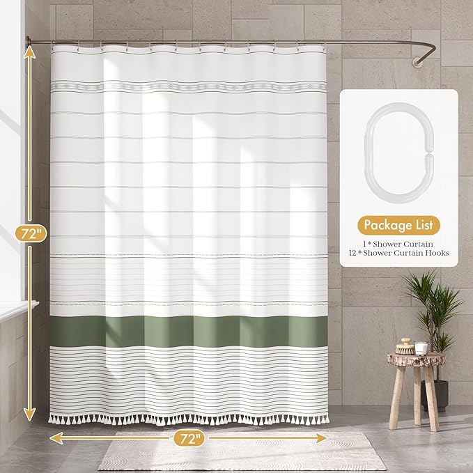 AmazerBath Boho Shower Curtain Set, Rustic Faux Linen Sage Green Striped Shower Curtain with Hooks, Modern Farmhouse Shower Curtain with Tassels, White Base Toned, 72x72 Inches
