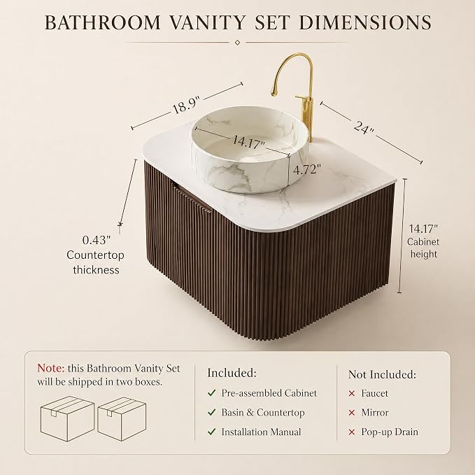 24 Inch Bathroom Vanity with Sink, Floating Wall Mounted Single Sink Vanity for Small Baths, Dark Walnut Curved Fluted Front, Stone Top, Marble-Look Round Vessel Basin, Pre-Assembled