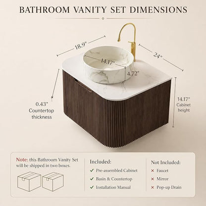 24 Inch Bathroom Vanity with Sink, Floating Wall Mounted Single Sink Vanity for Small Baths, Dark Walnut Curved Fluted Front, Stone Top, Marble-Look Round Vessel Basin, Pre-Assembled