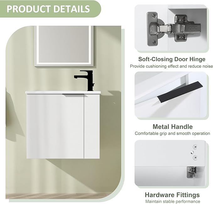 22" Bathroom Vanity with Sink, 22 Inch Floating Bathroom Vanity for Small Space, Modern Bathroom Vanity, White Wall Mounted Cabinet Set（002）