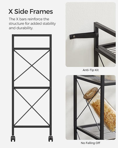 SONGMICS 3-Tier Metal Storage Rack with Wheels, Mesh Shelving Unit with X Side Frames, 23.6-Inch Width, for Entryway, Kitchen, Living Room, Bathroom, Industrial Style, Black UBSC163B01