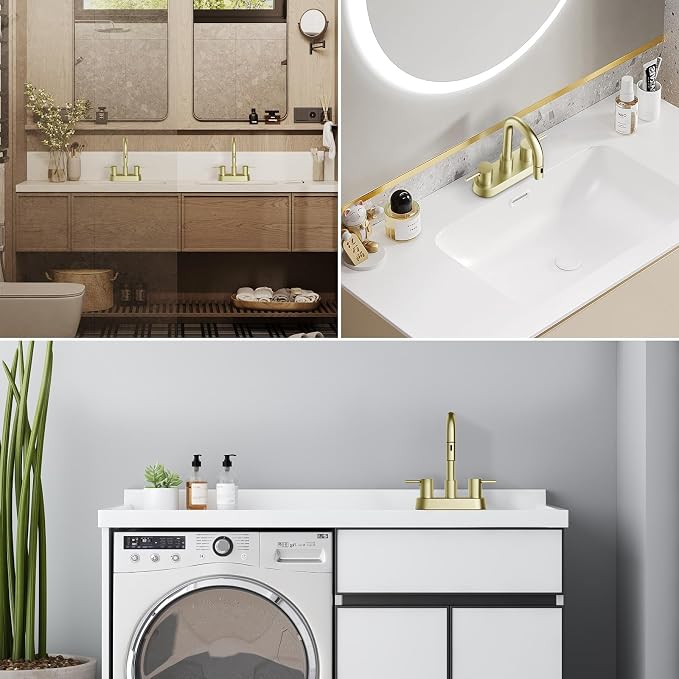 Brushed Gold Bathroom Faucet with Pull Out Sprayer, Dual-Function Spout Gold Bathroom Sink Faucets, 4 Inch Two Handle Utility Sink Faucet with Sprayer 3 Hole, Easy Pet Shower, RVs