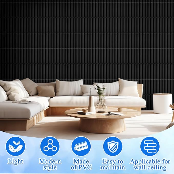 Nuanchu 32 Pcs 3D Wall Panels, 12"x12" PVC Fluted Tiles, Black | Waterproof Accent Panels, Paintable Wall Tiles, for TV Background, Bedroom, Bathroom, Gaming Room, Cuttable Home DIY Decor