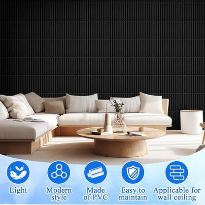 Nuanchu 32 Pcs 3D Wall Panels, 12"x12" PVC Fluted Tiles, Black | Waterproof Accent Panels, Paintable Wall Tiles, for TV Background, Bedroom, Bathroom, Gaming Room, Cuttable Home DIY Decor