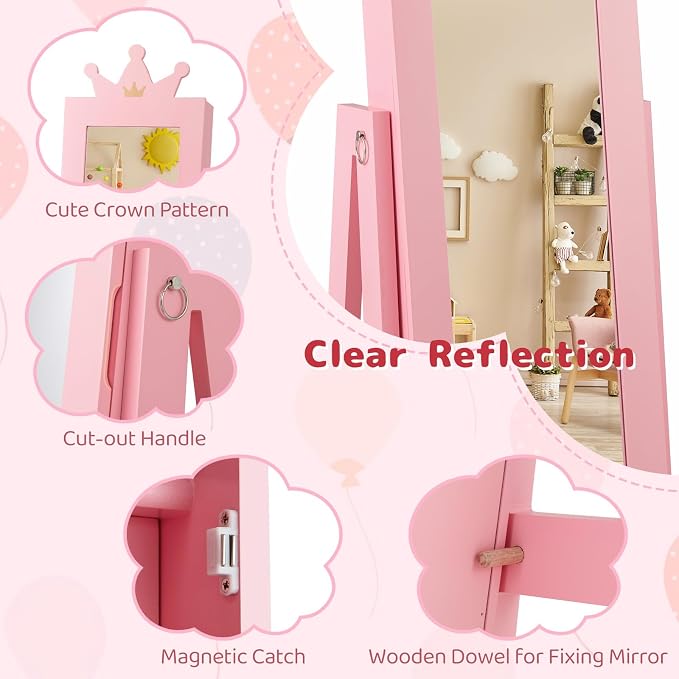 CHARMAID 360° Swivel Kids Jewelry Cabinet, 47" Full Length Mirror with Jewelry Storage, Jewelry Armoire with Drawer and Back Shelf, Kids Vanity Dressing Mirror Jewelry Organizer for Girls (Pink)