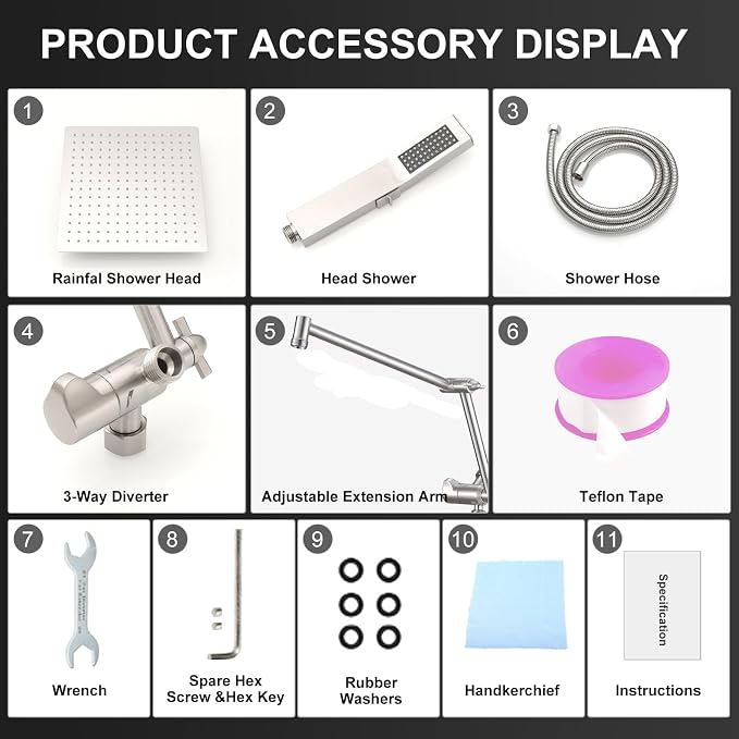 All Metal 10 Inch Rain Shower Head with Handheld Spray Combo, High Pressure Waterfall Rainfall Square Shower Heads with 16" Adjustable Extension Arm, Dual Showerhead with 3-Way Diverter,Brushed Nickel