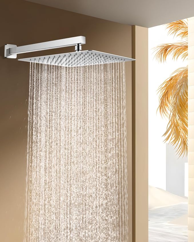 Rain Shower Head with Extension Arm Polished Chrome, 12" Rainfall Square Showerhead with 16" Shower Arm All Stainless Steel, 144 Outlets Waterfall Full Body Coverage