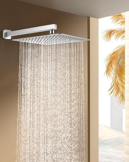 Rain Shower Head with Extension Arm Polished Chrome, 12" Rainfall Square Showerhead with 16" Shower Arm All Stainless Steel, 144 Outlets Waterfall Full Body Coverage
