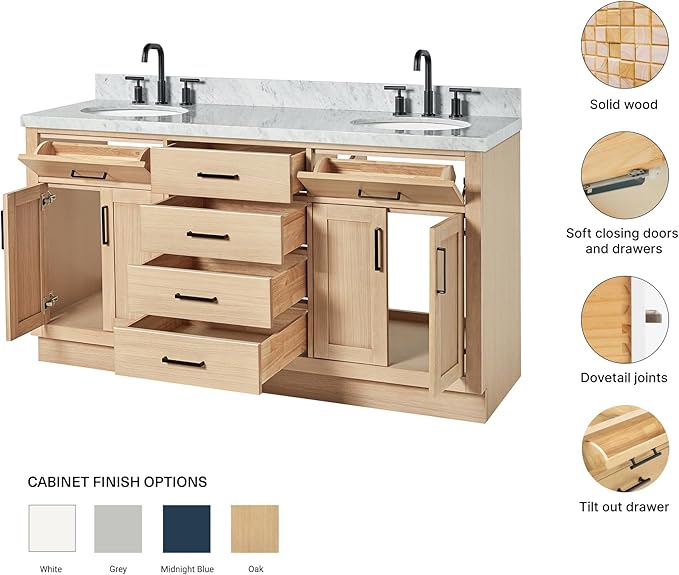 ARIEL Hepburn 66-inch Bathroom Vanity with Sink,Solid Wood, 1.5-inch Italian Carrara Marble Countertop & Backsplash, Double Oval Porcelain Sink, 4 Soft Closing Doors, 6 Dovetail Drawers, White Oak