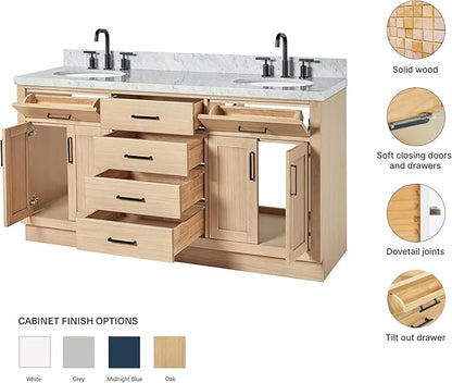 ARIEL Hepburn 66-inch Bathroom Vanity with Sink,Solid Wood, 1.5-inch Italian Carrara Marble Countertop & Backsplash, Double Oval Porcelain Sink, 4 Soft Closing Doors, 6 Dovetail Drawers, White Oak