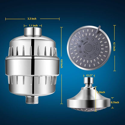 FEELSO Shower Head with Shower Filter, Filtered Shower Head for Hard Water | High Pressure, Anti-clog Nozzles, 5 Spray Showerhead, 15 Stage Water Softener Filters, Remove Chlorine and Harmful Substances