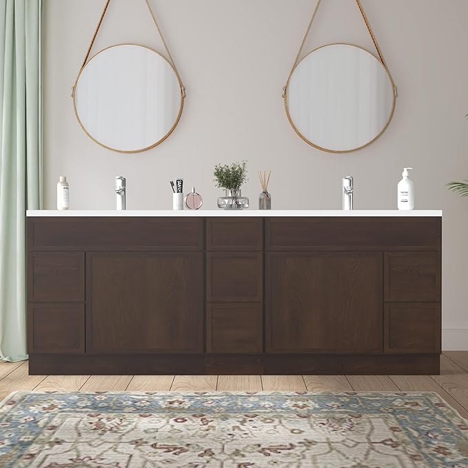 HomeBeyond 84 Inches Bathroom Vanity Base Cabinet Without Sink, Double Sink Top with Door & Soft Closing Drawers, Sturdy Floor Mounted Cabinet 2-Door 7-Drawer, Brown