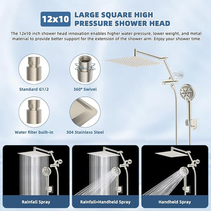 12" Metal Rain Shower Head with Handheld, High-Pressure Showerhead,10-Mode | Brushed Nickel, Rainfall Shower Head with 5" Large Handheld, Adjustable 16" Shower Extension Arm/71" Hose, 3-Way Diverter