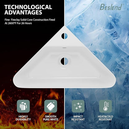 Corner Wall Mount Bathroom Sink | Beslend 21"x8" Inch White Ceramic Vessel Sink, Triangle Corner Sinks Art Basin with Overflow and Single Hole