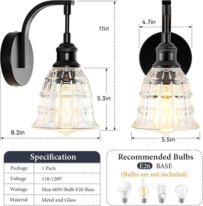 Modern Black Wall Sconce, Bathroom Vanity Fixture with Clear Glass | Vintage Vanity Light for Bathroom, Indoor Wall Lamps for Living Room Bedroom Kitchen Hallway Stairway E26 Hardwire