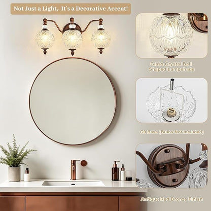 Vintage Bathroom Vanity Light, 3-Light Mid Century Antique Red Bronze Finish Wall Sconce with Globe Glass Shades, Retro Mirror Light for Bathroom, Powder Room