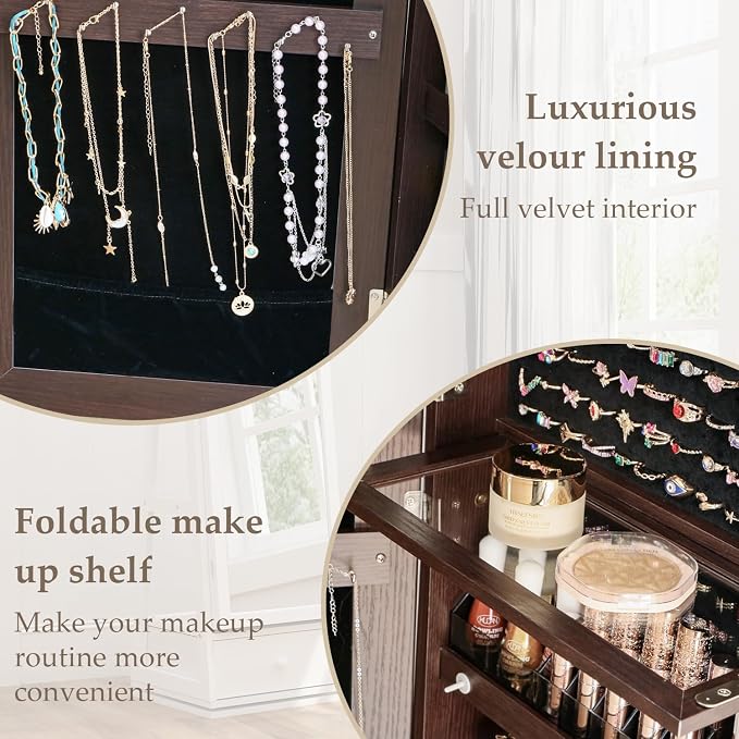 Swivel Full Length Mirror Jewelry Cabinet Standing With Built-In Mirror - 63.7”H Lockable Storage Jewelry Armoire With Mirror Drawers 3 Storage Racks Christmas Gift for Women Brown