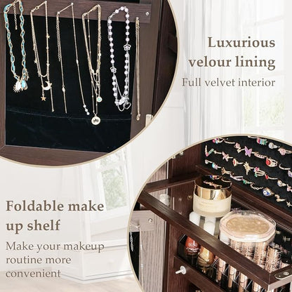 Swivel Full Length Mirror Jewelry Cabinet Standing With Built-In Mirror - 63.7”H Lockable Storage Jewelry Armoire With Mirror Drawers 3 Storage Racks Christmas Gift for Women Brown