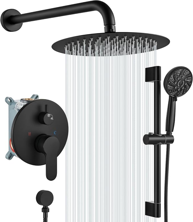 gotonovo Slide Bar Shower System Faucet Set Complete,Matte Black,10 Inch | Rain Round Shower Head with 6-Modes Handheld Spray,Valve and Trim Kit Included,Bathroom Wall Mount,All Metal,2-In-1 Diverter