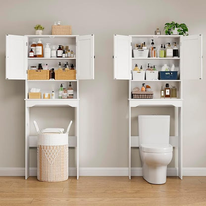 RRX Over The Toilet Storage Cabinet, Bathroom Above Organizer (Pure White) | Free Standing Toilet Rack with Adjustable Shelf and Open Storage, Double Doors, Space Saver, 24.8" L x 9.1 "W x 65.7 "H