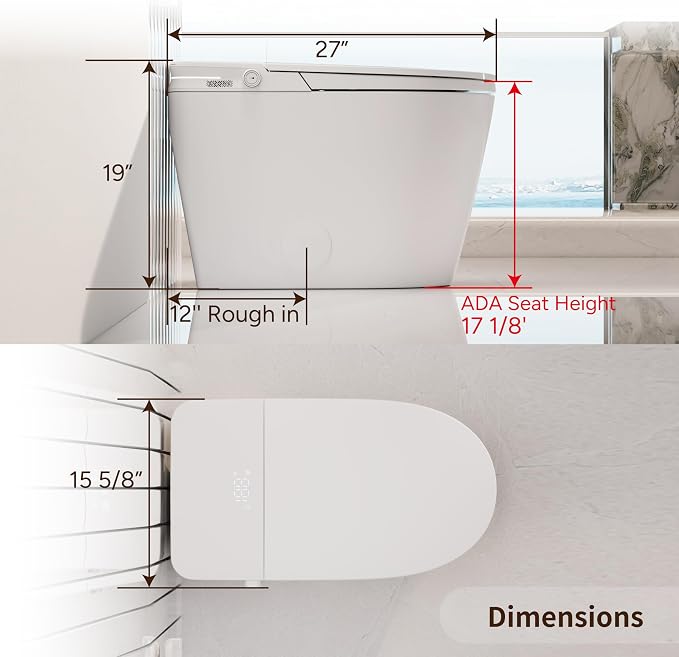 Luxury Smart Toilet, Bidet Toilet with ADA Chair Height, Auto Open/Close, 1000 Gram MaP Auto Flush, Warm Water/Dryer, Deodorization, Elongated Heated Seat, Smart Toilet with Bidet Built in | MAP 1000g Auto-Flush, Hot & Cold Bubble Spa Wash, ADA Height ...