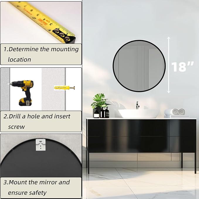 Round Black Mirror 18 Inch, Matte Black Frame, Small Circle Mirror | Metal Frame, Circular Wall Mounted Mirrors for Bathroom,Kids Room,Nursery, Bedroom, Vanity,Entryway, Wall Decor,Rust Proof