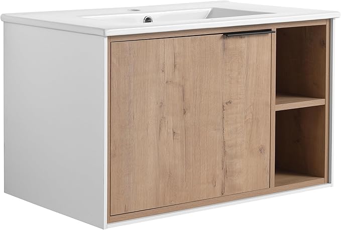 SSLine 30" Wall-Mount Bathroom Vanity Modern Floating Bathroom Vanity Set with Ceramic Sink Basin 24-Inch Oak Brown Small Bathroom Vanities with Storage Cabinet and Open Shelf