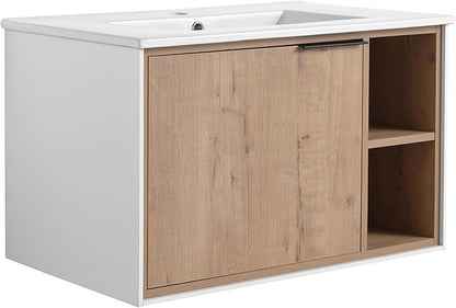 SSLine 30" Wall-Mount Bathroom Vanity Modern Floating Bathroom Vanity Set with Ceramic Sink Basin 24-Inch Oak Brown Small Bathroom Vanities with Storage Cabinet and Open Shelf