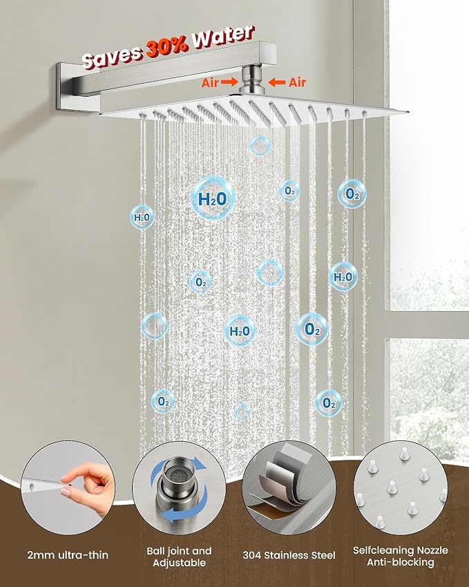 gotonovo Tub Shower Faucet Set with Valve 12'' Rain Head,Brushed Nickel | Waterfall Tub Spout Shower System,Bathtub Faucet Set,SUS304 Rain Head with Handheld,Brass Valve Trim Kit,All Metal,Wall Mount