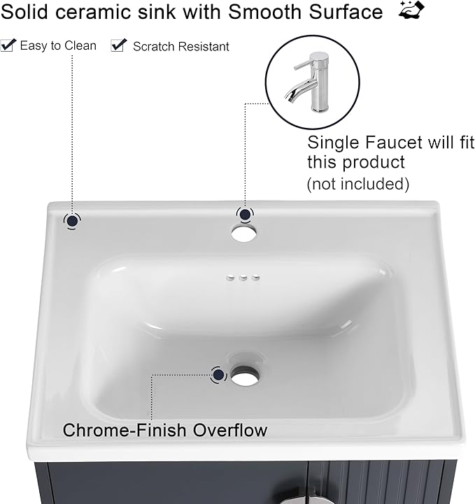 Malwee 24" Floating Bathroom Vanity with Sink, 24 Inch Single Sink Wall Mounted Bathroom Vanity, with 2 Doors and White Ceramic Basin Top, Black Cabinet Set with 3 Color Handles (081-24)