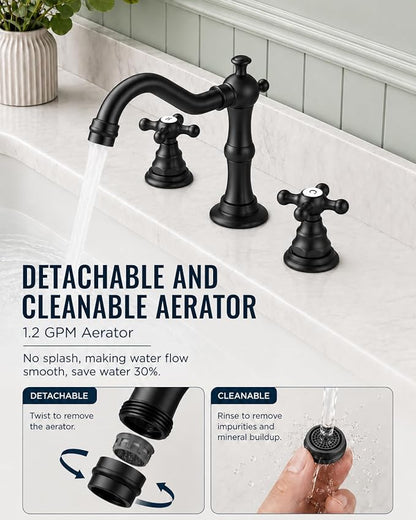 gotonovo Bathroom Faucet 3 Hole Vintage, Matte Black, H C Label | Widespread Bathroom Sink Faucet 8 Inch 2 Cross Handles,Pop Up Drain,cUPC Supply Line,4-15.7” Install,for Vanity Farmhouse RV