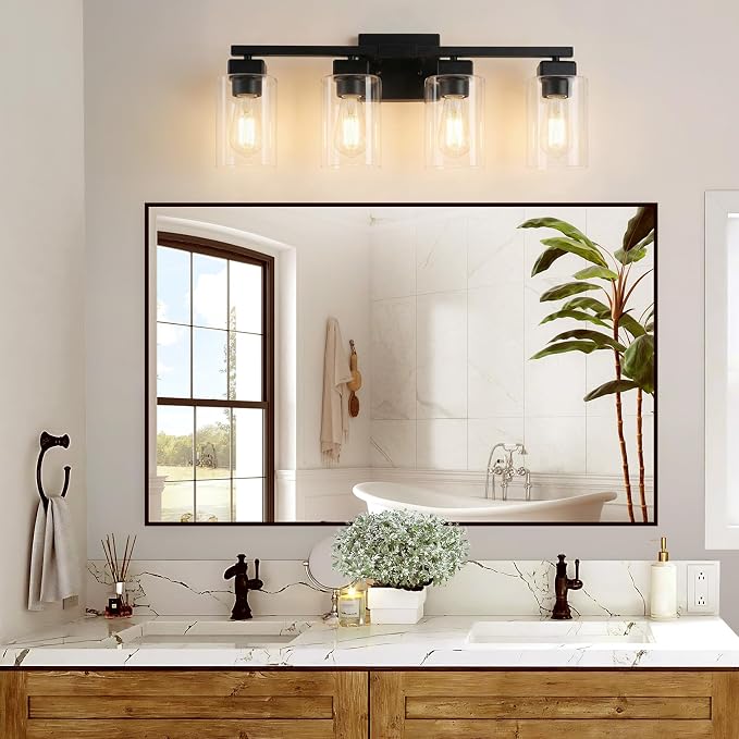 27” Bathroom Light Fixtures Over Mirror,4-Light Black Vanity Light | Square Clear Glass & Durable Metal, Quick & Easy Installation, Standard E26 Socket, Bright Bathroom Lighting