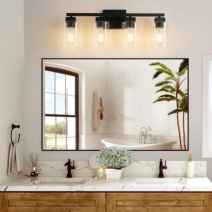 27” Bathroom Light Fixtures Over Mirror,4-Light Black Vanity Light | Square Clear Glass & Durable Metal, Quick & Easy Installation, Standard E26 Socket, Bright Bathroom Lighting