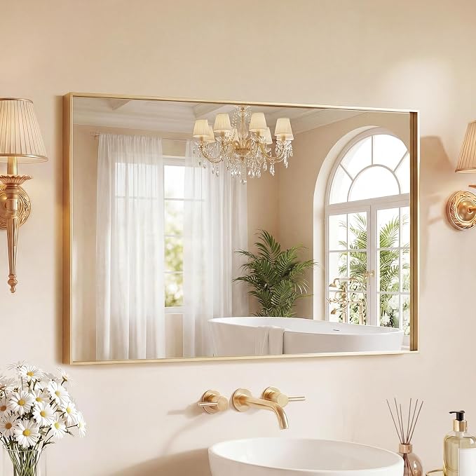 DUMOS 24"x36" Wall Mirror, Bathroom Mirrors for Over Sink, Gold | Tempered Glass & Anti Rust Metal Frame, Decor for Entryway, Living Room, Bathroom, Vanity