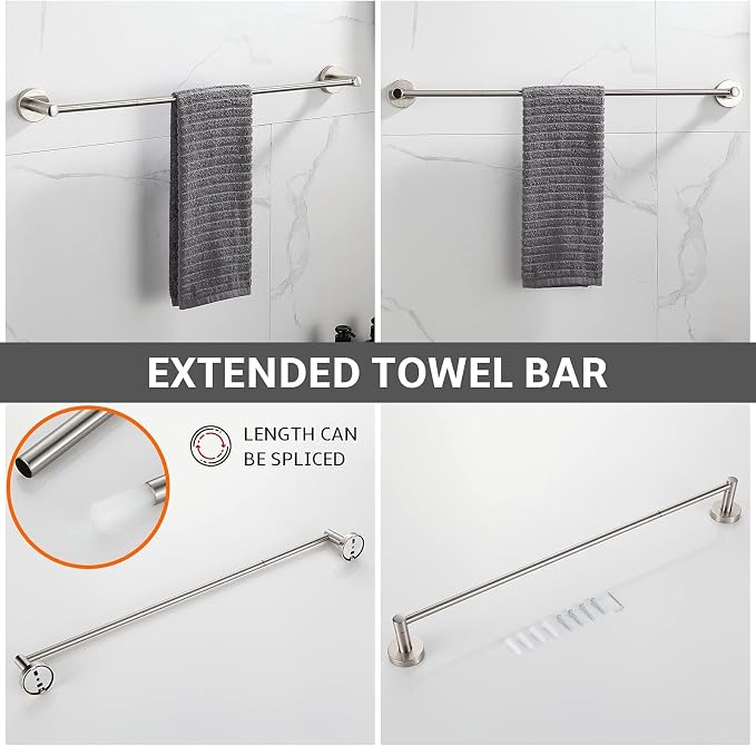 BGL Bathroom Accessory Set,4-Piece Brushed Nickel Towel Racks for Bathroom, 24 Inches Towel Bar, Towel Ring, Toilet Paper Holder & Robe Hook, Wall Mounted