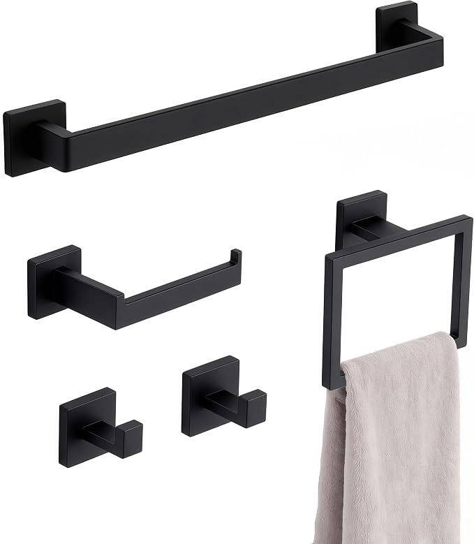 5 Piece Bathroom Hardware Set Matte Black, 23.6 Inch Bathroom Towel Bar Set | Stainless Steel Towel Racks for Bathroom Wall Mounted, with 304 Stainless Steel Screws & Hex Screwdriver, Rustproof
