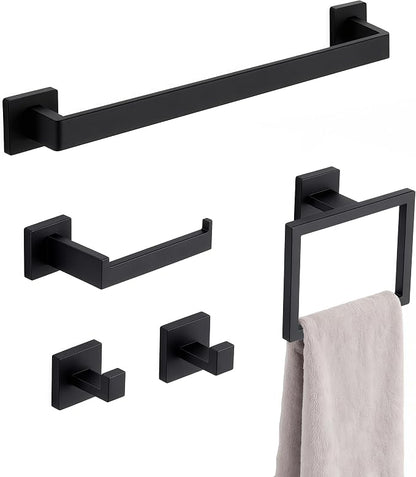5 Piece Bathroom Hardware Set Matte Black, 23.6 Inch Bathroom Towel Bar Set | Stainless Steel Towel Racks for Bathroom Wall Mounted, with 304 Stainless Steel Screws & Hex Screwdriver, Rustproof