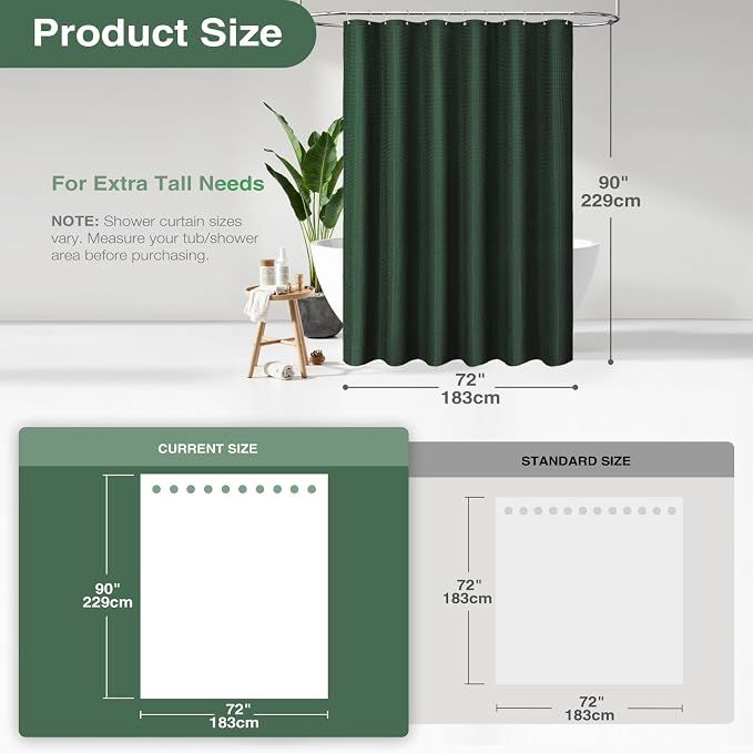 Extra Long Waffle Shower Curtain 256 GSM Fabric 72x90 Dark Green | 90 Inch Tall, Thick Cloth, Weighted Hem, Water Repellent, Hotel Luxury Polyester Shower Curtain Set for Bathroom 12 Hooks