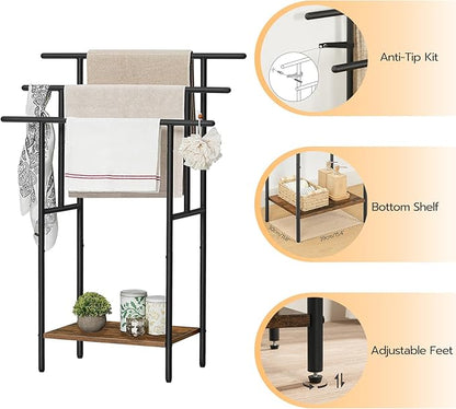 HOOBRO 39.4" Tall Freestanding Towel Rack for Bathroom, 3 Tier Stepped Blanket Rack with Shelf, Oversized Bath Towels Drying and Display Rack, Black and Rustic Brown BF50LB01