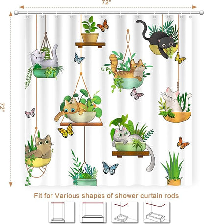 Hanging Potted Plants Cat Shower Curtain, Bracketplant KittyShower Curtain for Bathroom with 12 Hooks Polyester Fabric Waterproof Shower Curtain Sets Machine Washable Kids Bath Curtain