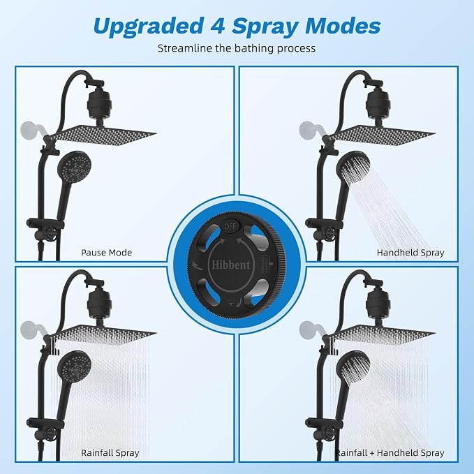 Hibbent 12" Dual Filtered 10" Rainfall Shower Head with Handheld 10-Spray | High Pressure Metal Matte Black Showerhead Combo with Filter, Extension Arm with 4-way Diverter, 71'' Shower Hose & Holder