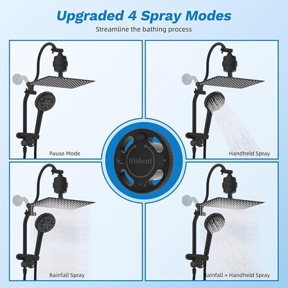 Hibbent 12" Dual Filtered 10" Rainfall Shower Head with Handheld 10-Spray | High Pressure Metal Matte Black Showerhead Combo with Filter, Extension Arm with 4-way Diverter, 71'' Shower Hose & Holder