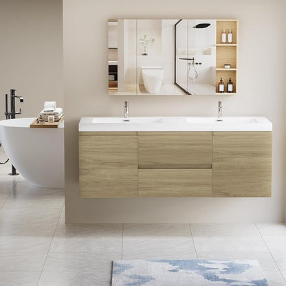 60 Inch Floating Bathroom Vanity with Double Sink, Modern Wall-Mounted Bathroom Storage Vanity Cabinet with Double Resin Top Basins and Soft Close Drawers, Natural Oak