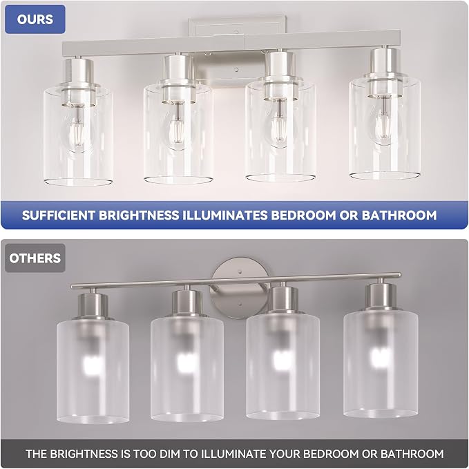 Hasipu 4-Light Bathroom Light Fixtures, Vanity Light with Clear Glass Shade, Bathroom Lighting Fixtures Over Mirror for Kitchen Living Room Hallway Cabinet Porch
