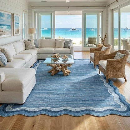 Garvee Scalloped 8x10 Rugs Washable Area Rugs for Living Room Blue | Rugs for Living Room, Non-Slip Soft Carpet for Bedroom, Scalloped Low-Pile Solid Rug Accent Rug for Dining Room Home Office