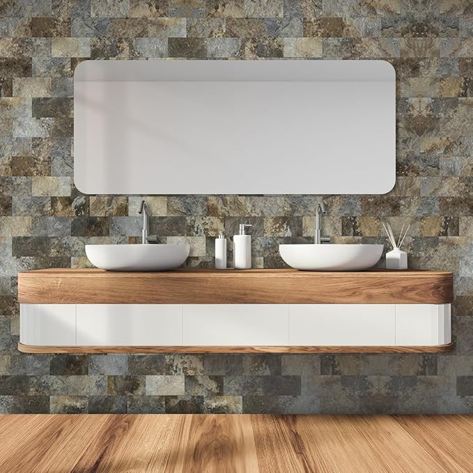 AULIGET 100-Piece Beige & Brown Slate Peel and Stick Backsplash Wall Tiles, 3" x 6" PVC Faux Stone Stick on Tile for Backsplash Kitchen, Bathroom, Laundry Room, Camper, Fireplace