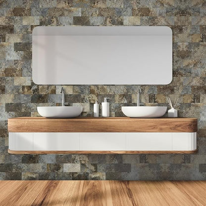 AULIGET 100-Piece Beige & Brown Slate Peel and Stick Backsplash Wall Tiles, 3" x 6" PVC Faux Stone Stick on Tile for Backsplash Kitchen, Bathroom, Laundry Room, Camper, Fireplace