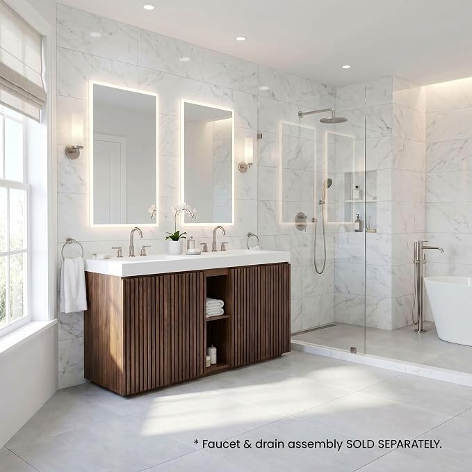 60" Double Bathroom Vanity with Sink (8" Widespread Faucet Holes Predrilled), Mid Century Modern Bathroom Cabinet with 4 Doors & Shelves, White Integrated Sink with Overflow, Walnut