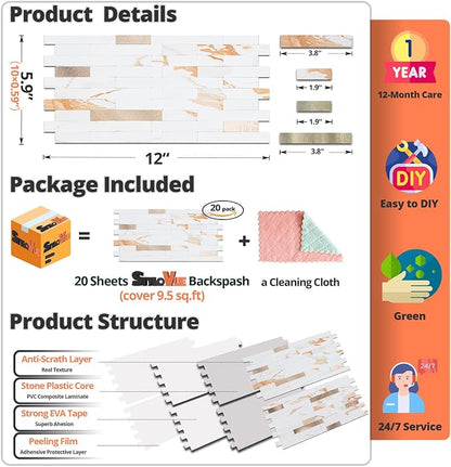 StyloVue 20 Sheets Peel and Stick Backsplash for Kitchen, 2026 Upgraded Calacatta Gold with Metal Glod Look Stick on Tile Upgrade Your Kitchen Backsplash, RV, Fireplace