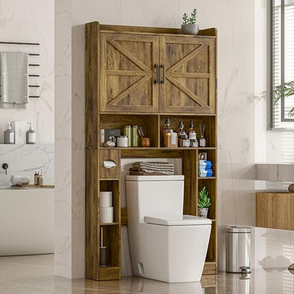 Vabches Over The Toilet Storage Cabinet with Barn Doors, Brown | Toilet Cabinet Rack, Space Saving Bathroom Organizer with Shelves, Toilet Paper Holder and Towel Rack for Bathroom,Laundry.